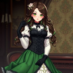 A gothic Victorian maiden anime girl, elegantly dressed in a tightly laced black corset that highlights her figure over a delicate white bodice or chemisette