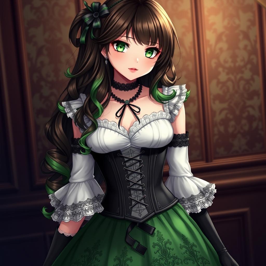 A gothic Victorian maiden anime girl, elegantly dressed in a tightly laced black corset that highlights her figure over a delicate white bodice or chemisette