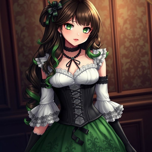 A gothic Victorian maiden anime girl, elegantly dressed in a tightly laced black corset that highlights her figure over a delicate white bodice or chemisette