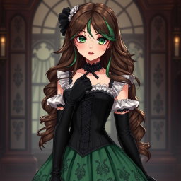 A gothic Victorian maiden anime girl, elegantly dressed in a tightly laced black corset that highlights her figure over a delicate white bodice or chemisette