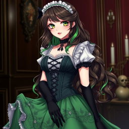 A gothic Victorian maiden anime girl, elegantly dressed in a tightly laced black corset that highlights her figure over a delicate white bodice or chemisette