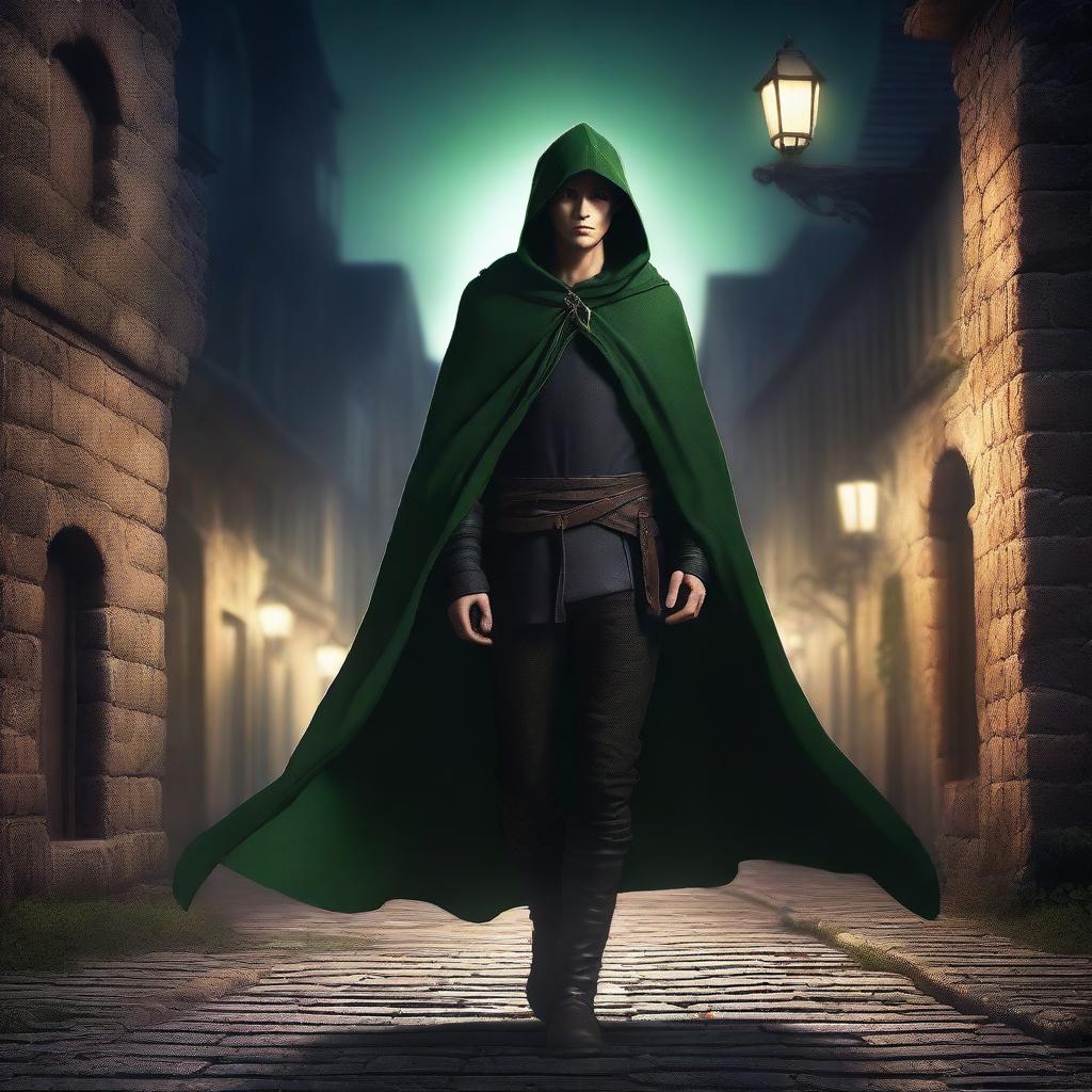 A high-resolution, realistic digital art image depicting a young man, characterized as a medieval thief, under the cloak of night