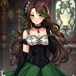 A gothic Victorian maiden anime girl, featuring an alluring figure in a tightly laced black corset over a delicate white bodice or chemisette