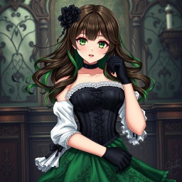 A gothic Victorian maiden anime girl, featuring an alluring figure in a tightly laced black corset over a delicate white bodice or chemisette