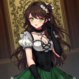 A gothic Victorian maiden anime girl, featuring an alluring figure in a tightly laced black corset over a delicate white bodice or chemisette
