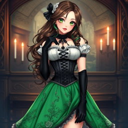 A gothic Victorian maiden anime girl, featuring an alluring figure in a tightly laced black corset over a delicate white bodice or chemisette