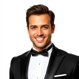 A well-dressed man in a stylish tuxedo with a crisp necktie, striking a confident pose