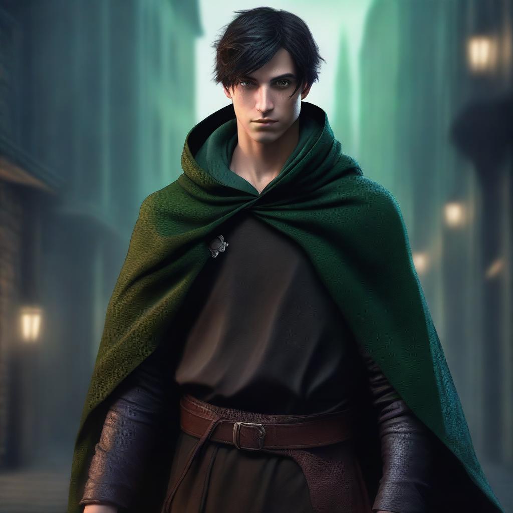 A high-resolution, realistic digital art image depicting a young man, characterized as a medieval thief, under the cloak of night