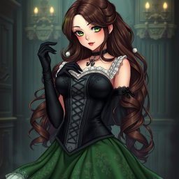 A gothic Victorian maiden anime girl, featuring an alluring figure with pronounced curves, dressed in a tightly laced black corset that accentuates her shape over a delicate white bodice or chemisette