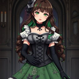 A gothic Victorian maiden anime girl, featuring an alluring figure with pronounced curves, dressed in a tightly laced black corset that accentuates her shape over a delicate white bodice or chemisette