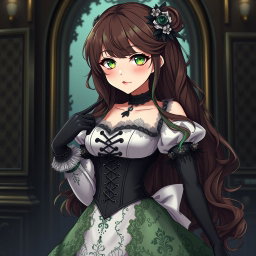 A gothic Victorian maiden anime girl, featuring an alluring figure with pronounced curves, dressed in a tightly laced black corset that accentuates her shape over a delicate white bodice or chemisette