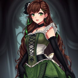A gothic Victorian maiden anime girl, featuring an alluring figure with pronounced curves, dressed in a tightly laced black corset that accentuates her shape over a delicate white bodice or chemisette