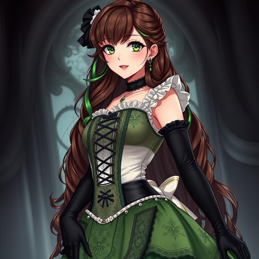 A gothic Victorian maiden anime girl, featuring an alluring figure with pronounced curves, dressed in a tightly laced black corset that accentuates her shape over a delicate white bodice or chemisette