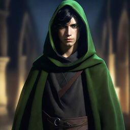 A high-resolution, realistic digital art image depicting a young man, characterized as a medieval thief, under the cloak of night