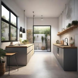 A single-story house on a 100 square meter plot of land featuring a mezzanine workspace, a kitchen, two bathrooms, laundry room, ambiance with excellent lighting and ventilation