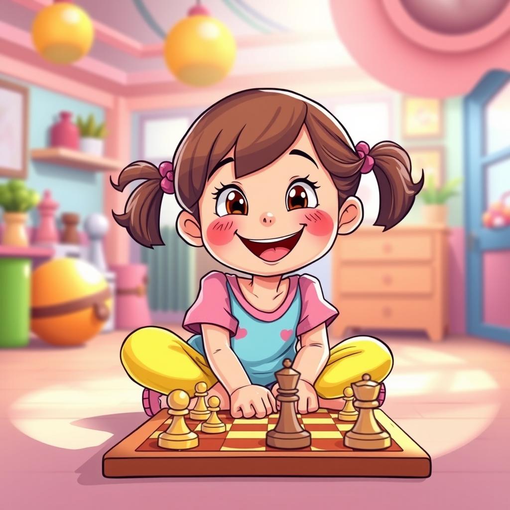 A cheerful cartoon illustration of a happy little girl sitting on the floor, playing chess