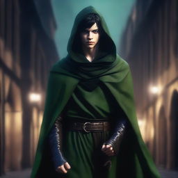 A high-resolution, realistic digital art image depicting a young man, characterized as a medieval thief, under the cloak of night