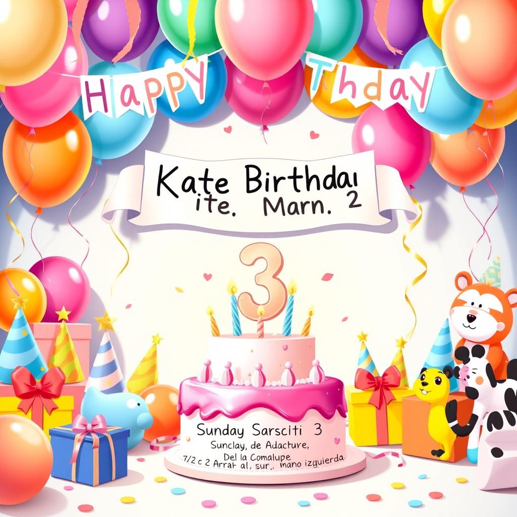 A cheerful birthday scene featuring a celebration for a girl named Kate Sofia who is turning 3 years old