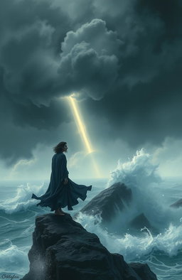 A dramatic scene depicting a heartbroken individual standing on a cliff overlooking a stormy sea, the clouds dark and swirling above, symbolizing turmoil and conflict