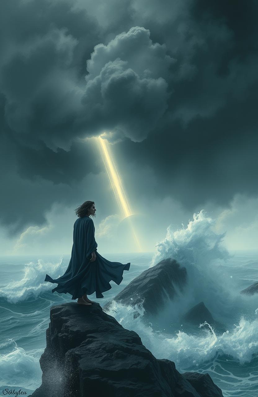 A dramatic scene depicting a heartbroken individual standing on a cliff overlooking a stormy sea, the clouds dark and swirling above, symbolizing turmoil and conflict