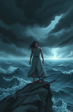 A dramatic scene depicting a heartbroken individual standing on a cliff overlooking a stormy sea, the clouds dark and swirling above, symbolizing turmoil and conflict