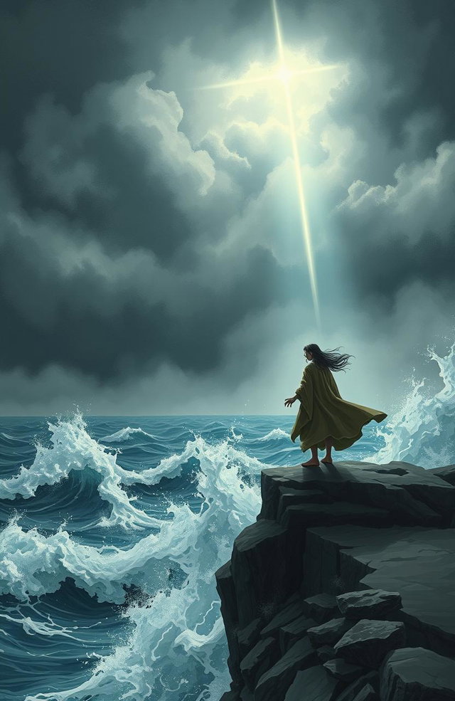 A dramatic scene depicting a heartbroken individual standing on a cliff overlooking a stormy sea, the clouds dark and swirling above, symbolizing turmoil and conflict