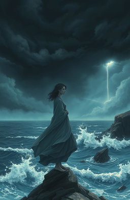 A dramatic scene depicting a heartbroken individual standing on a cliff overlooking a stormy sea, the clouds dark and swirling above, symbolizing turmoil and conflict