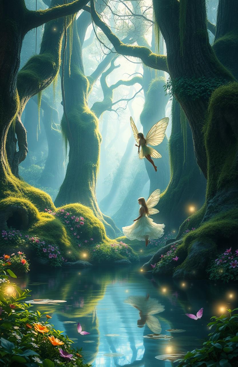 A stunning, ethereal fairy tale forest bathed in soft, mystical light, with towering ancient trees draped in luminous moss