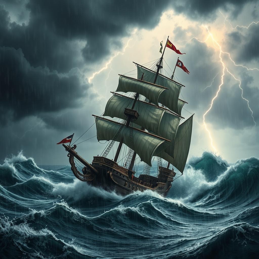 A dramatic scene of a 17th-century ship bravely sailing across a turbulent ocean amidst a fierce thunderstorm