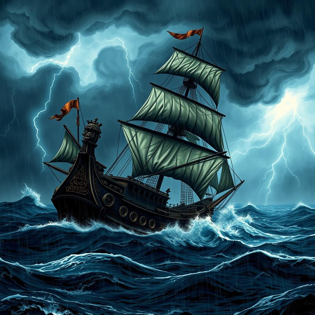 A dramatic depiction of a 17th-century ship bravely sailing across a tumultuous ocean amidst a fierce thunderstorm
