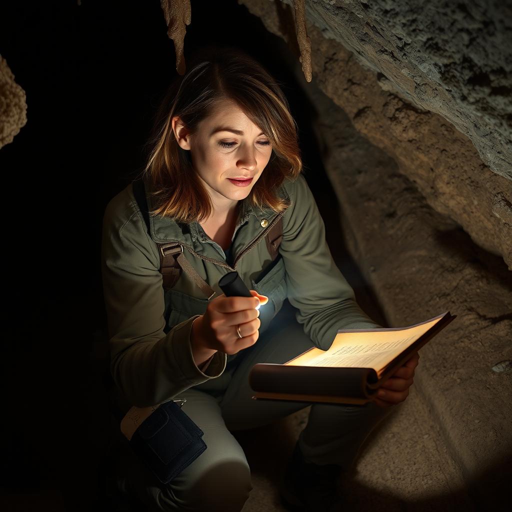 A 40-year-old woman with medium-length brown hair, dressed in rugged outdoor clothing, kneeling inside a dimly lit cave
