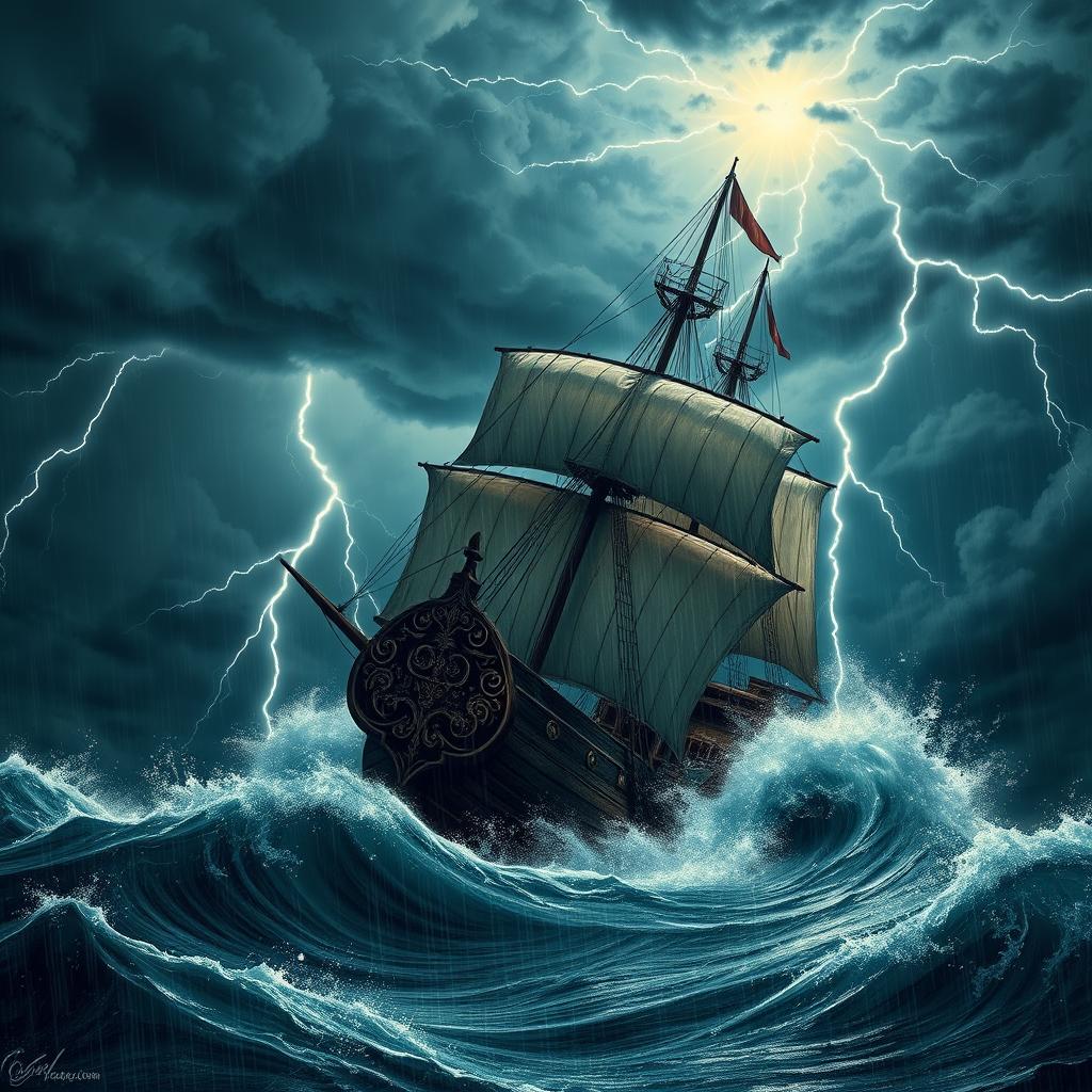A thrilling scene of a 17th-century ship navigating through a treacherous ocean during a violent thunderstorm