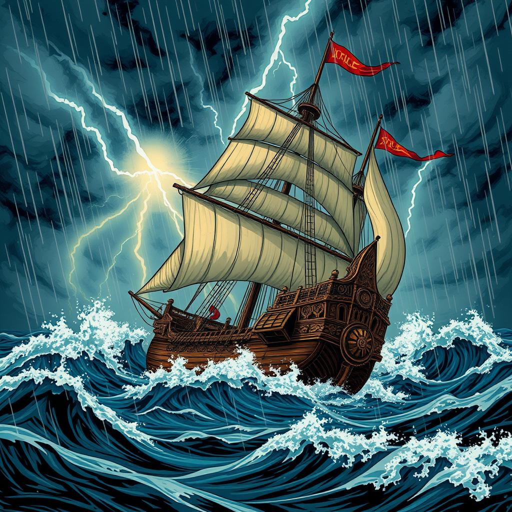 A captivating illustration of a 17th-century ship navigating through a tumultuous ocean amidst a fierce storm