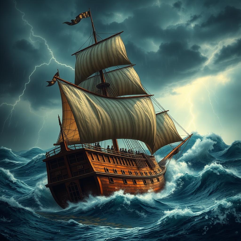 An intense scene featuring a 17th-century ship bravely sailing across the ocean during a turbulent storm