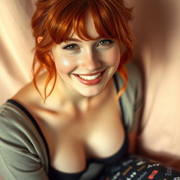 A realistic and charming portrait of a cute redhead woman wearing stylish panties