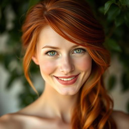 A stunning portrait of a beautiful redhead woman, known as 'ruiva' in Portuguese, showcasing her fiery, vibrant hair cascading elegantly down her shoulders