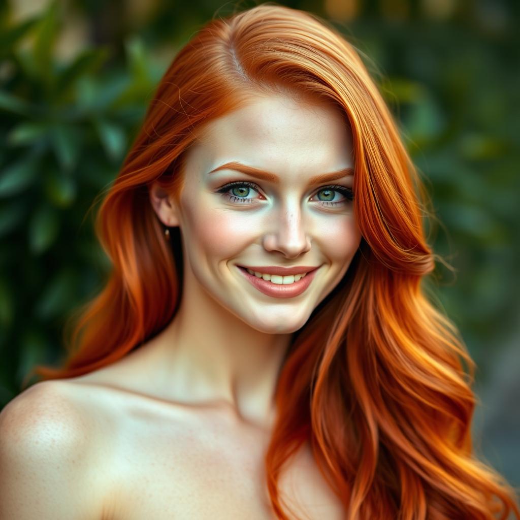 A stunning portrait of a beautiful redhead woman, known as 'ruiva' in Portuguese, showcasing her fiery, vibrant hair cascading elegantly down her shoulders