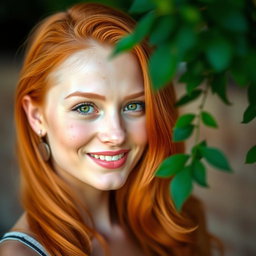 A stunning portrait of a beautiful redhead woman, known as 'ruiva' in Portuguese, showcasing her fiery, vibrant hair cascading elegantly down her shoulders
