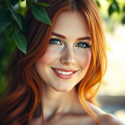 A stunning portrait of a beautiful redhead woman, known as 'ruiva' in Portuguese, showcasing her fiery, vibrant hair cascading elegantly down her shoulders