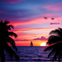 Reformulated image featuring a vibrant sunset over a calm sea with gentle waves, reflecting shades of orange, pink, and purple in the sky