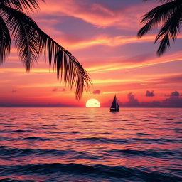 Reformulated image featuring a vibrant sunset over a calm sea with gentle waves, reflecting shades of orange, pink, and purple in the sky