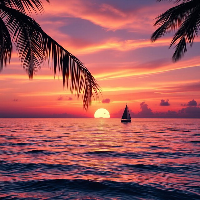 Reformulated image featuring a vibrant sunset over a calm sea with gentle waves, reflecting shades of orange, pink, and purple in the sky