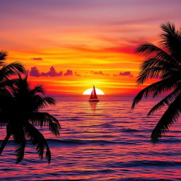 Reformulated image featuring a vibrant sunset over a calm sea with gentle waves, reflecting shades of orange, pink, and purple in the sky