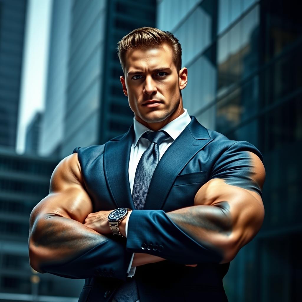 A muscular man dressed in a tailored suit, showcasing an impressive physique