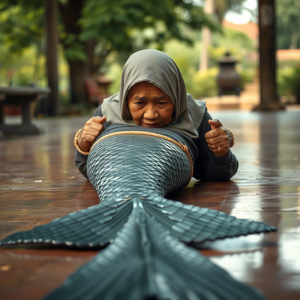 A hyper-realistic image captured as if with an Android smartphone, featuring an elderly Javanese woman wearing a traditional hijab, lying face-down in a striking pose