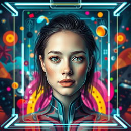 A futuristic digital interface showcasing an artistic representation of a person's face seamlessly integrated into an imaginative background