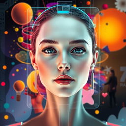 A futuristic digital interface showcasing an artistic representation of a person's face seamlessly integrated into an imaginative background
