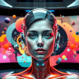 A futuristic digital interface showcasing an artistic representation of a person's face seamlessly integrated into an imaginative background