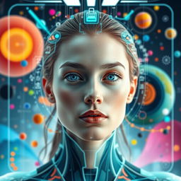 A futuristic digital interface showcasing an artistic representation of a person's face seamlessly integrated into an imaginative background