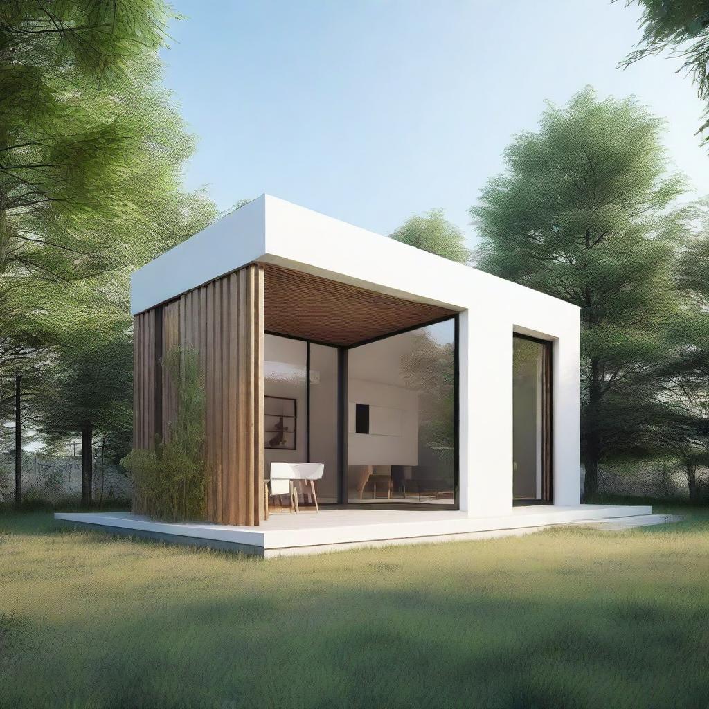 A minimalistic, modern 3x4 house with clean lines and a efficient spatial configuration, showcasing simplicity in color and design.